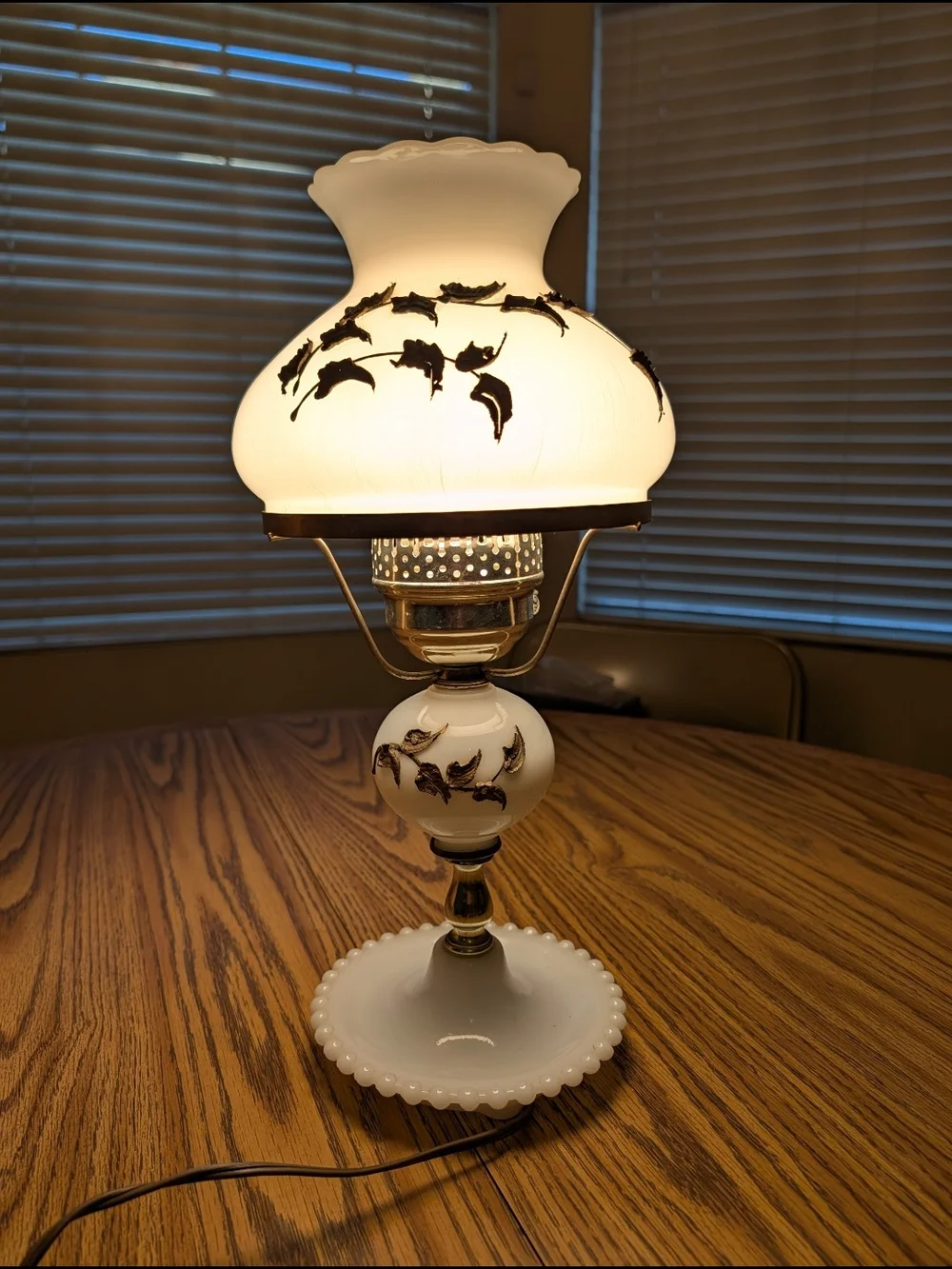 Vintage White Milk Glass Table Lamp with Gold Leaf Accents